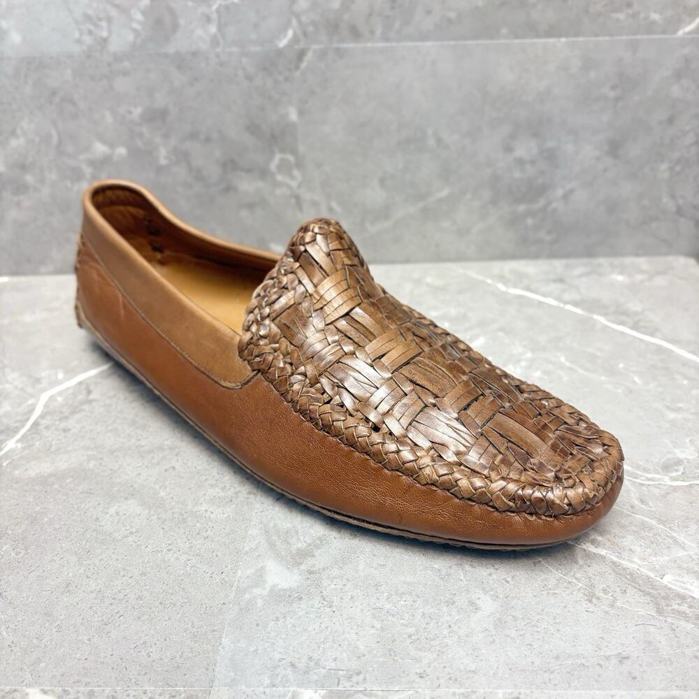 Moreschi Loafers Woven Brown Leather Slip On Moccasin Made In Italy Size 8.5